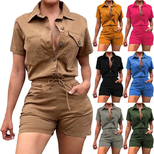 Women Two Piece Set Solid Color Workwear Short Sleeve Shirt Lace Up Shorts 2 Piece Outfits
