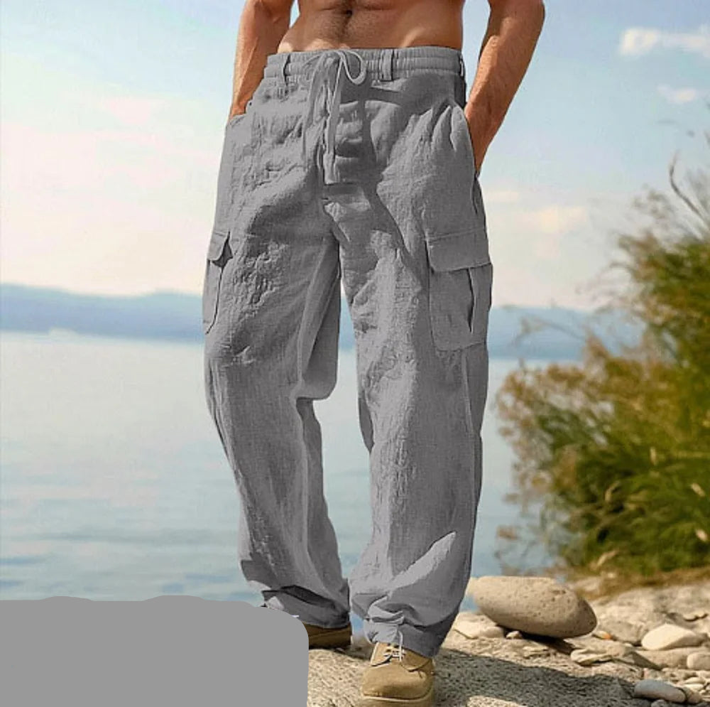 Pantalones de algodón y lino para hombres europeos y americanos, pantalones de trabajo con múltiples bolsillos, ropa deportiva recta holgada y pantalones casuales