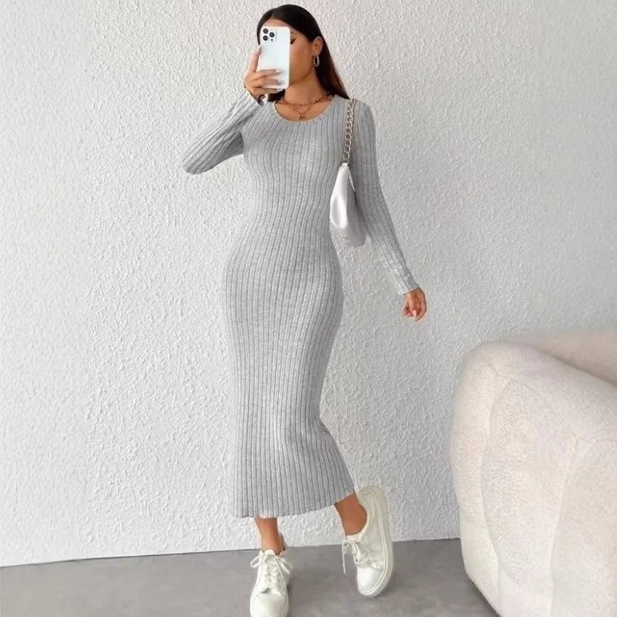 Vestido de punto de manga larga con cuello redondo para mujer