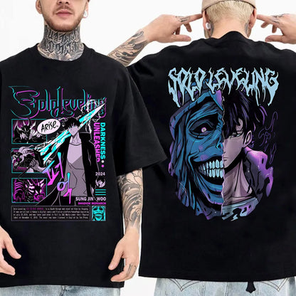 Camiseta de anime japonés Solo Leveling para hombre, camisetas gráficas de dibujos animados de Sung Jinwoo, camiseta Harajuku de manga corta de algodón de alta calidad