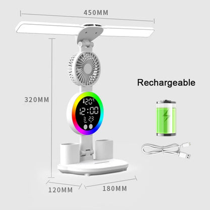 Lámpara de mesa LED recargable para estudio, lámpara de escritorio, luz de lectura, luz de noche LED con ventilador, pantalla de reloj LED, luz de escritorio de lectura