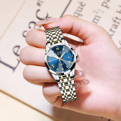 Reloj elegante de lujo para mujer, resistente al agua, luminoso, con fecha, de acero inoxidable, de cuarzo
