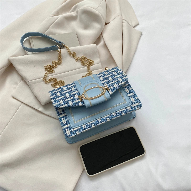 Bolso de hombro con cadena de metal a cuadros, con hebilla de candado para mujer, bandolera cuadrada pequeña para mujer