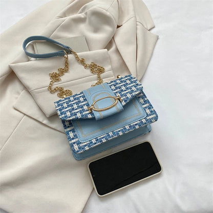 Bolso de hombro con cadena de metal a cuadros, con hebilla de candado para mujer, bandolera cuadrada pequeña para mujer