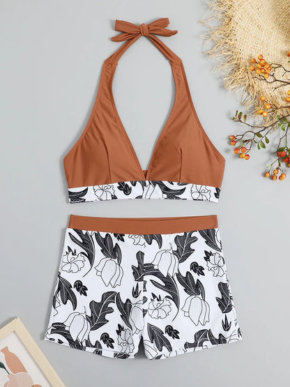 Conjunto de bikini estilo halter 2025, traje de baño corto de cintura alta para mujer, bañador estampado para mujer, traje de baño para playa