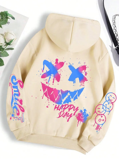 sudadera unisex con capucha transpirable y cómoda con estampado de cara sonriente personalizada de otoño para hombre, sudadera con capucha de moda urbana para exteriores
