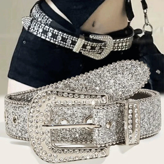 Cinturón de piel sintética con estampado sólido y tachuelas para mujer, con cristales brillantes
