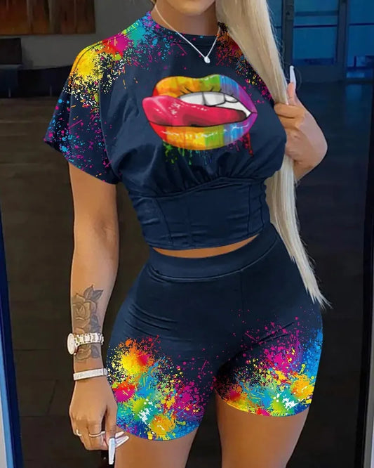 Conjunto informal de camiseta y pantalones cortos de manga corta con cuello redondo para mujer, blusa con estampado de letras de verano, pantalones cortos lisos, conjunto de dos piezas para mujer