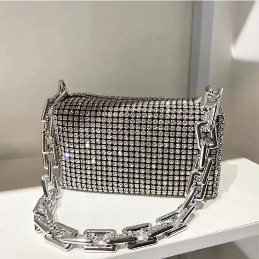Bolso tipo cubo con diamantes de imitación, bolso de fiesta con cadena brillante, mini bolso cruzado para mujer