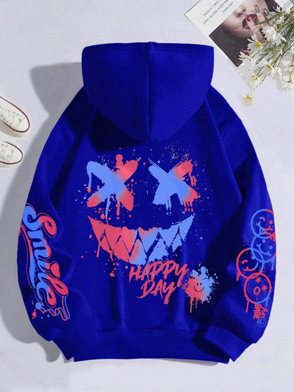 sudadera unisex con capucha transpirable y cómoda con estampado de cara sonriente personalizada de otoño para hombre, sudadera con capucha de moda urbana para exteriores