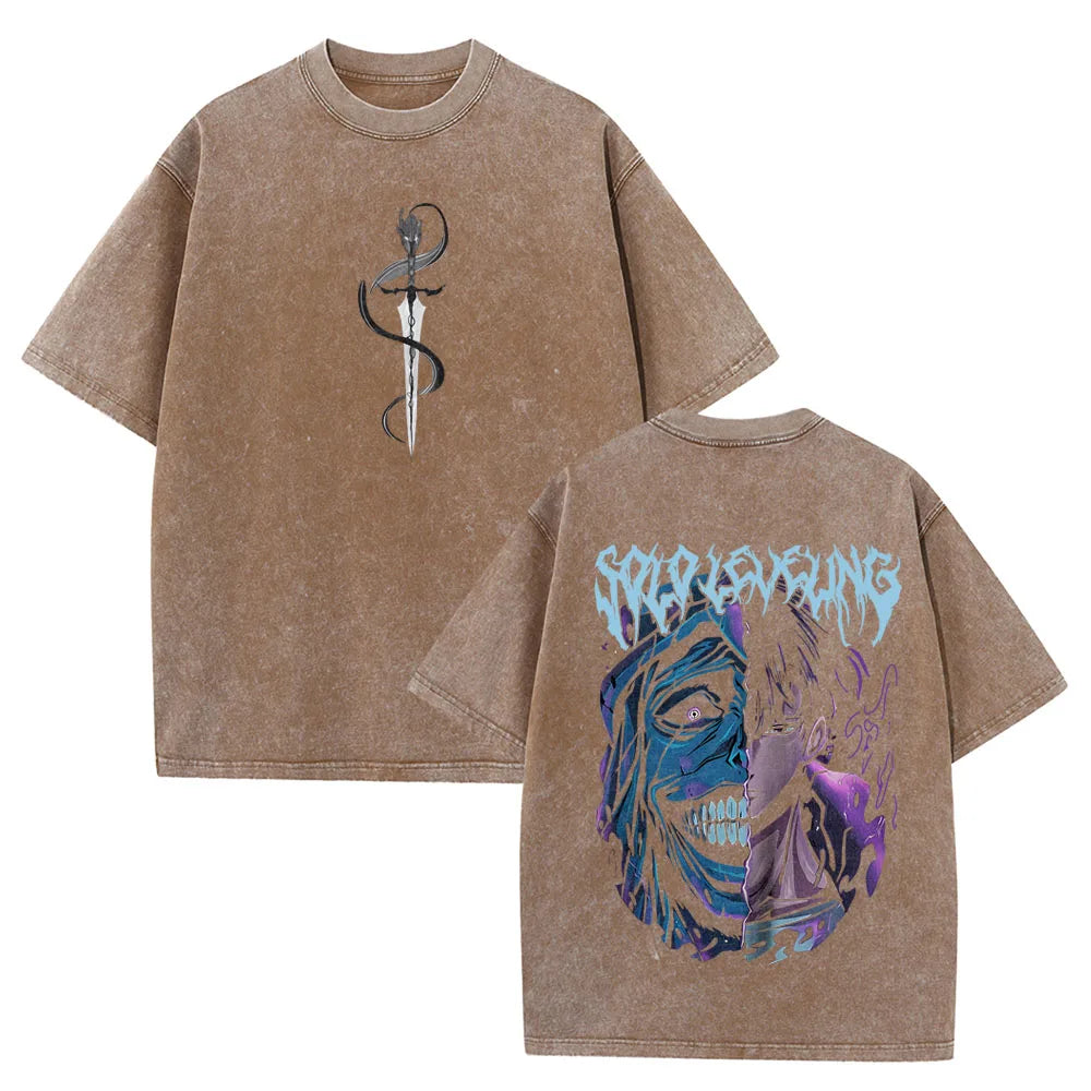 Camiseta con estampado de Anime Solo Leveling Sung Jinwoo para hombre y mujer, camisetas vintage de algodón lavado, camiseta informal holgada para hombre