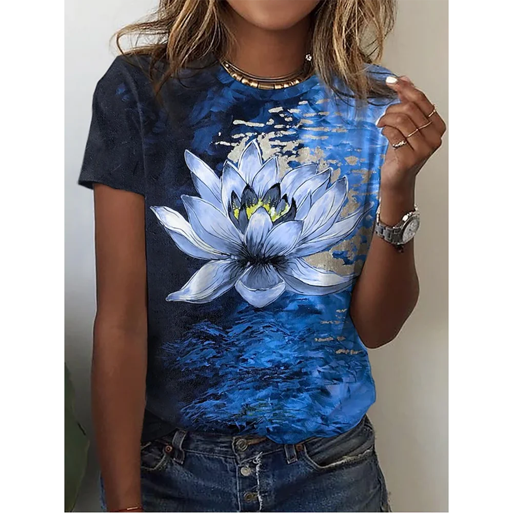 Camiseta con estampado de mariposa 3D y cuello redondo para mujer, camisetas de manga corta de verano a la moda, top de verano de gran tamaño, ropa femenina, novedad de 2024
