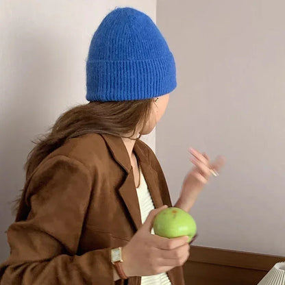 Gorro de punto de Angora para mujer, gorros de punto esponjosos de piel de conejo, gorro de lujo de Corea para mujer