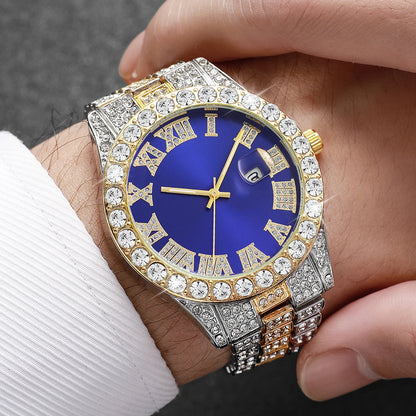 Reloj de pulsera de cuarzo para hombre, de acero inoxidable, con diamantes, calendario y fecha.