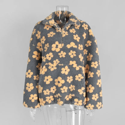 Sudadera de lana floral de moda Sudadera con capucha de manga larga cálida y elegante para mujer Estilo callejero Tela de poliéster Otoño Invierno