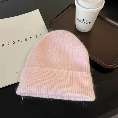Gorro de punto de Angora para mujer, gorros de punto esponjosos de piel de conejo, gorro de lujo de Corea para mujer