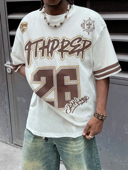 Camiseta de manga corta de malla con estampado gráfico de letras y hombros caídos