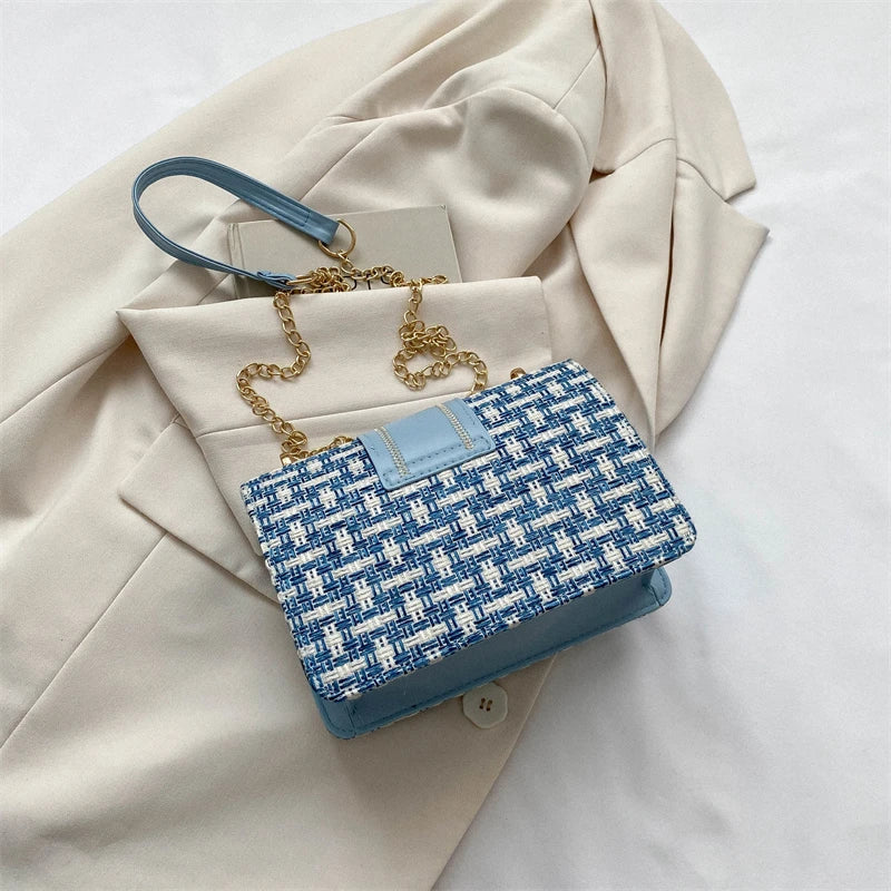 Bolso de hombro con cadena de metal a cuadros, con hebilla de candado para mujer, bandolera cuadrada pequeña para mujer