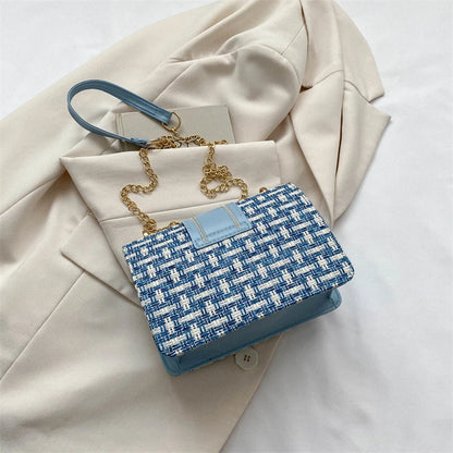 Bolso de hombro con cadena de metal a cuadros, con hebilla de candado para mujer, bandolera cuadrada pequeña para mujer