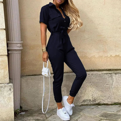 Mono de trabajo con cinturón monocromático para mujer, pantalones casuales, cuello levantado, hebilla, estilo europeo y americano, verano,