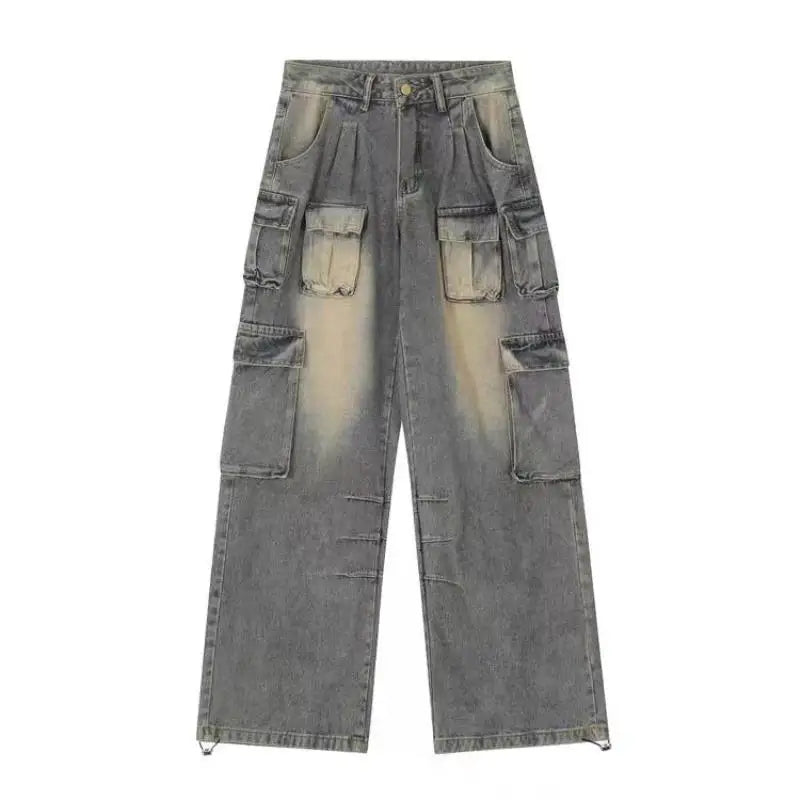 Pantalones Cargo de pierna ancha para mujer, múltiples bolsillos con diseño de ropa de calle, gran tamaño