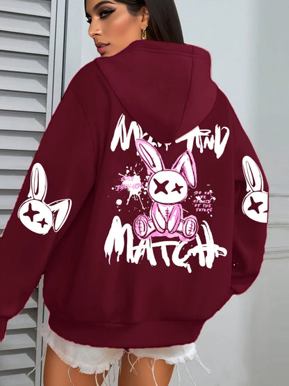 Sudadera con capucha con estampado de conejo de dibujos animados para mujer, ropa informal con bolsillo, Sudadera holgada , ropa femenina de lana que combina con todo