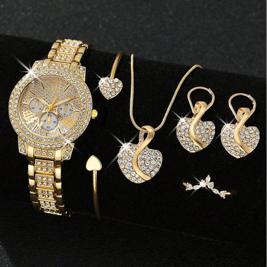 Reloj de cuarzo de lujo para mujer, con anillo, collar y pendientes de diamantes de imitación