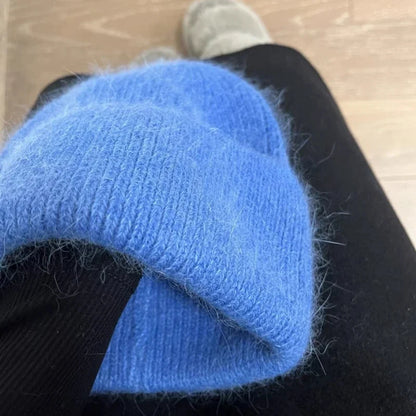 Gorro de punto de Angora para mujer, gorros de punto esponjosos de piel de conejo, gorro de lujo de Corea para mujer