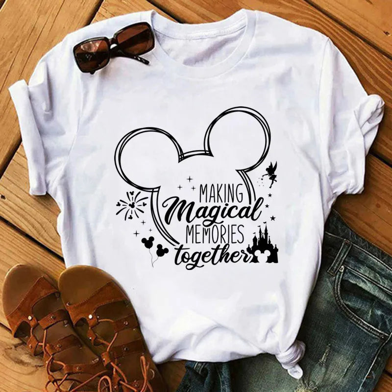Camiseta de verano nueva de Disney Mickey y Minnie 2025 con estampado boni mujer, camiseta de manga corta, top informal holgadto Y2k para mujer