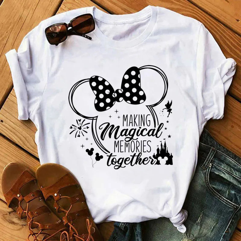 Camiseta de verano nueva de Disney Mickey y Minnie 2025 con estampado boni mujer, camiseta de manga corta, top informal holgadto Y2k para mujer
