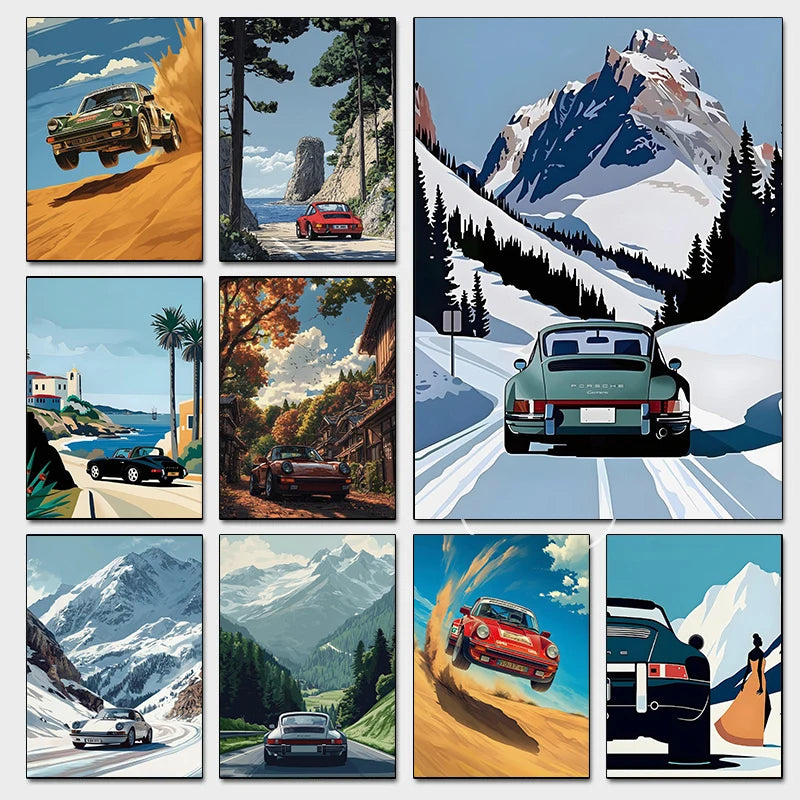 mpresiones de dibujos animados de viaje alpin Retro, pintura en lienzo, imagen artística de pared, decoración para sala de estar y hogar