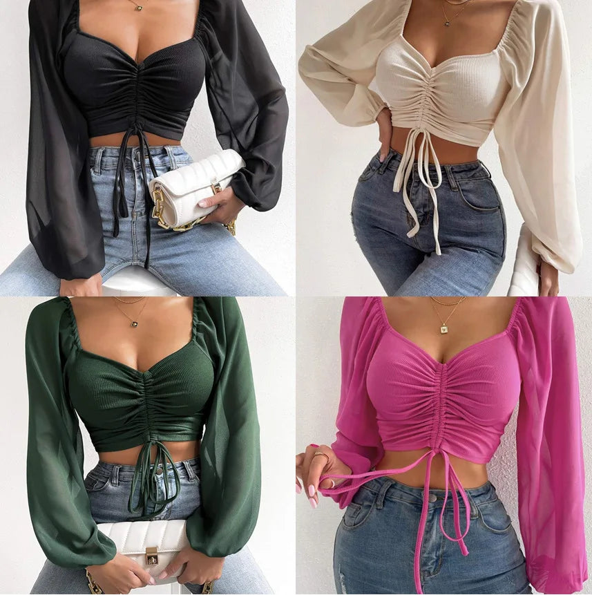 blusa de manga abullonada para mujer, Top Sexy ajustado con cordones y cuello en V, Color sólido, manga larga Simple