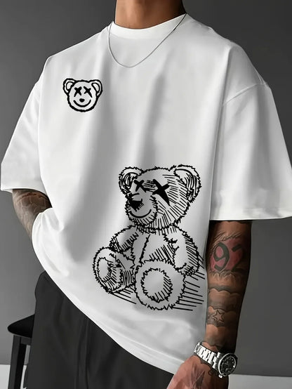 Camiseta de verano para hombre, 100 % algodón, informal, holgada, de calle, con estampado de oso de dibujos animados, cuello redondo y manga corta