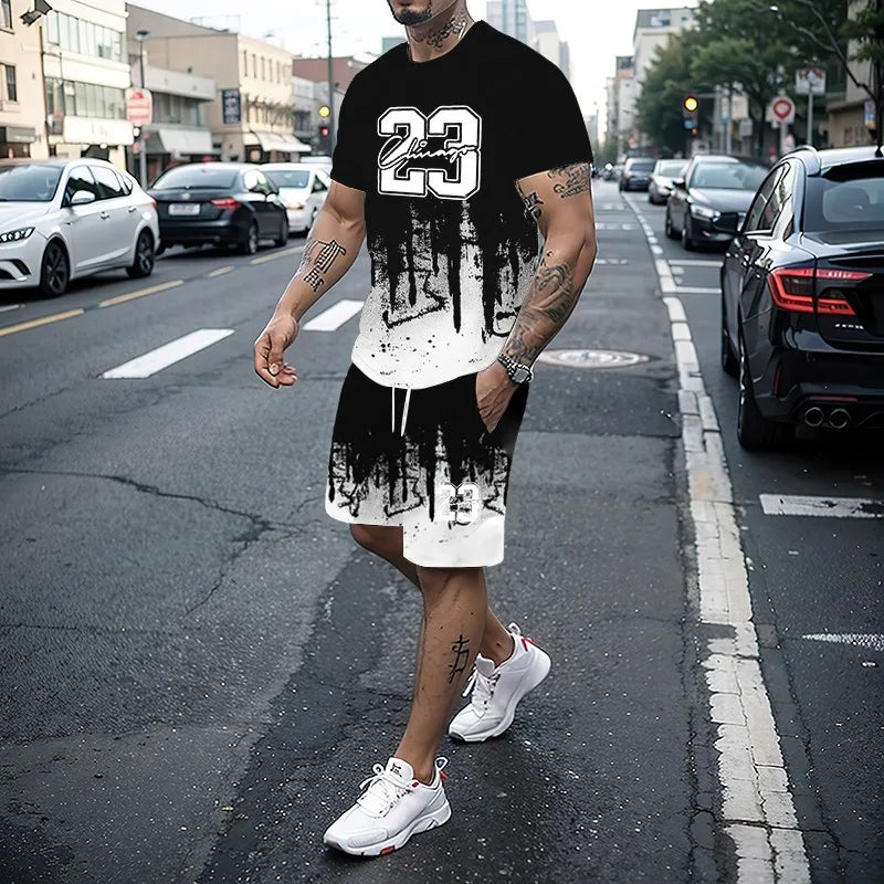 Conjunto de camiseta con estampado para hombre, pantalones cortos con estampado creativo