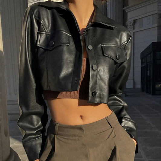 Chaqueta corta Sexy de piel sintética con cuello vuelto, decoración de botones a la moda, abrigo de PU, abrigos informales de calle Vintage para mujer