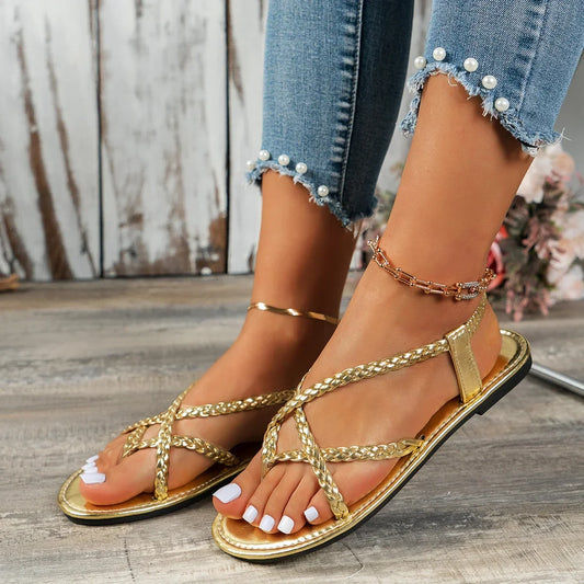 Sandalias de punta redonda con tiras finas y trenzadas, elegantes y casuales, para verano