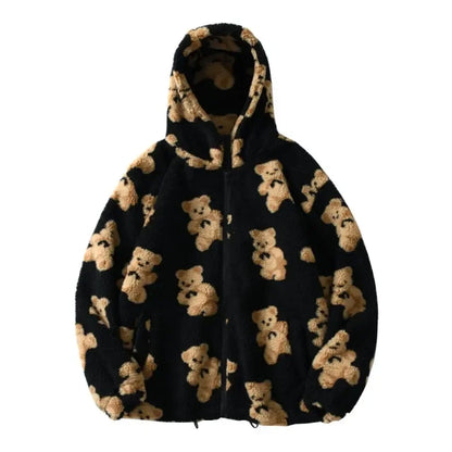 Chaqueta de felpa con estampado en forma de corazón Harajuku para mujer, abrigo coreano de manga larga con capucha, ropa de calle gruesa y cálida para parejas, invierno