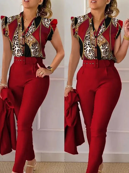 Elegant slim fit two piece set women v neck shirt button fly sleeve solid long pants suits with belt summer fashion