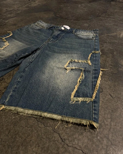 Men's patchwork baggy denim shorts streetwear 