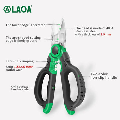 Ciseaux d'électricien LAOA 6/7/8 pouces Pince à dénuder les fils Coupe-fil Pince à sertir Poignée ouverte Ciseaux en acier inoxydable Outil de sertissage de coupe de câble