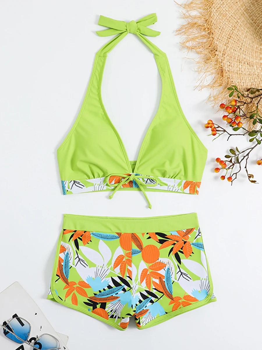 Conjunto de bikini estilo halter 2025, traje de baño corto de cintura alta para mujer, bañador estampado para mujer, traje de baño para playa