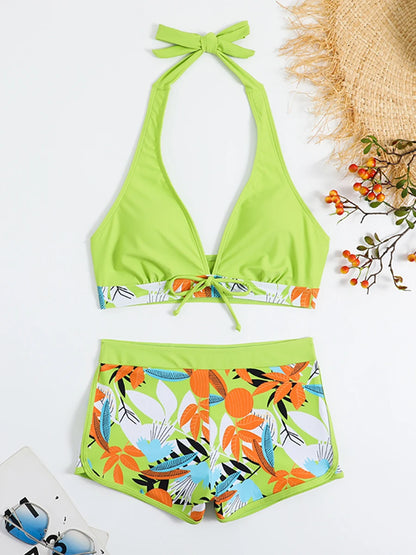 Conjunto de bikini estilo halter 2025, traje de baño corto de cintura alta para mujer, bañador estampado para mujer, traje de baño para playa