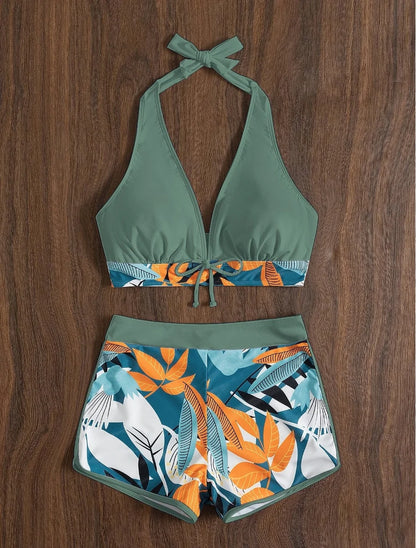 Conjunto de bikini estilo halter 2025, traje de baño corto de cintura alta para mujer, bañador estampado para mujer, traje de baño para playa