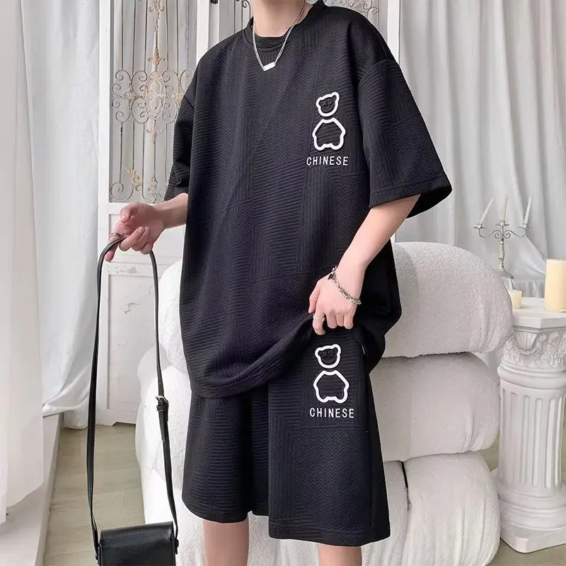 Costume pour hommes nouvelle mode coréenne de haute rue T-shirt short ensemble deux pièces col rétro vêtements de créateurs pour hommes 