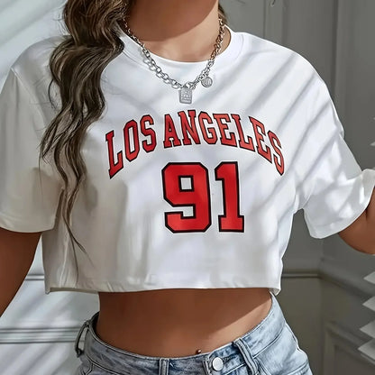 Camiseta corta deportiva con cuello redondo y gráficode Los Ángeles