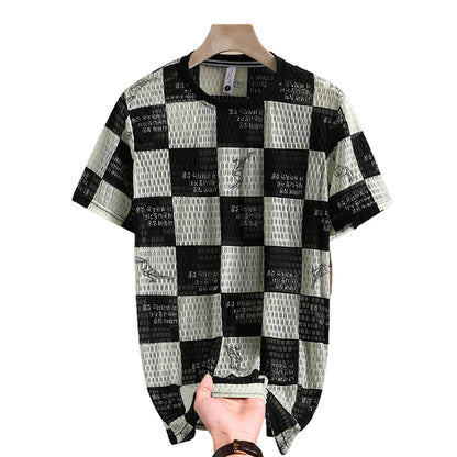 Men's round neck t-shirts, ice silk mesh breathable half-sleeved t-shirt, solid color thin casual print t-shirt 