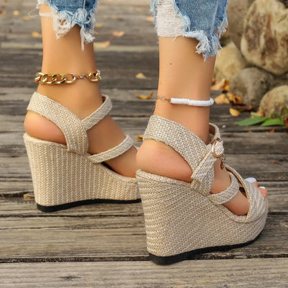 Sandalias romanas de algodón vaquero con tiras cruzadas para mujer, estilo verano, con suela gruesa y suela de goma,