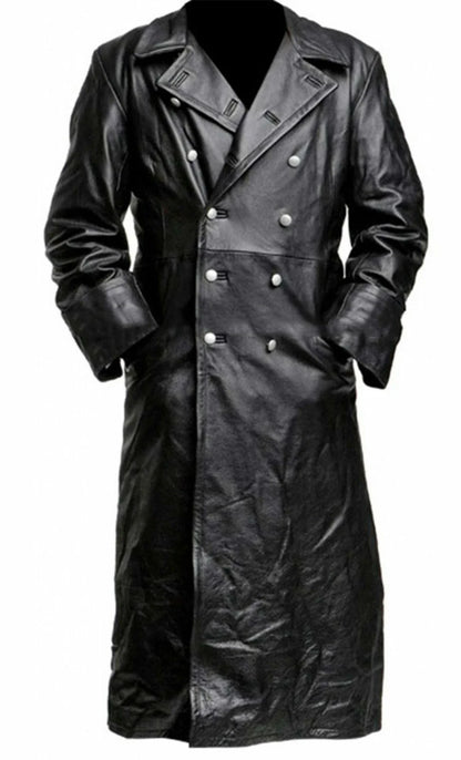Abrigo de gabardina de cuero negro de oficial de uniforme militar clásico
