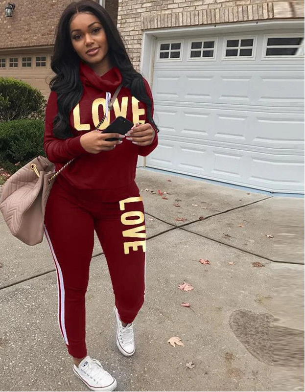Conjunto de 2 piezas para mujer, sudadera con capucha de cuello alto con estampado de letras de amor, pantalones, chándal, ropa de calle de talla grande