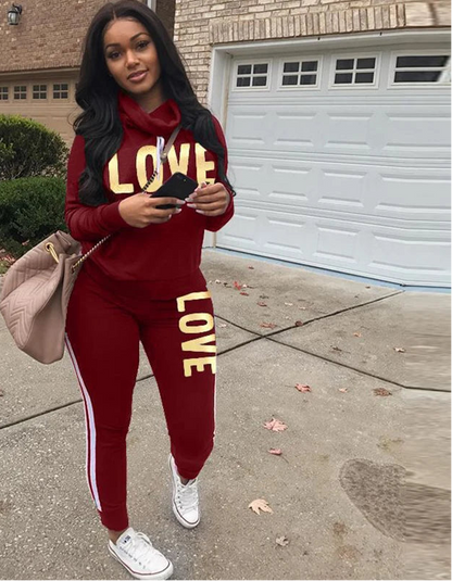 Conjunto de 2 piezas para mujer, sudadera con capucha de cuello alto con estampado de letras de amor, pantalones, chándal, ropa de calle de talla grande